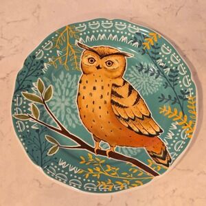 Pier 1 Owl Salad Plate Unisex 8.25in Teal Excellent Stoneware Scalloped Edge